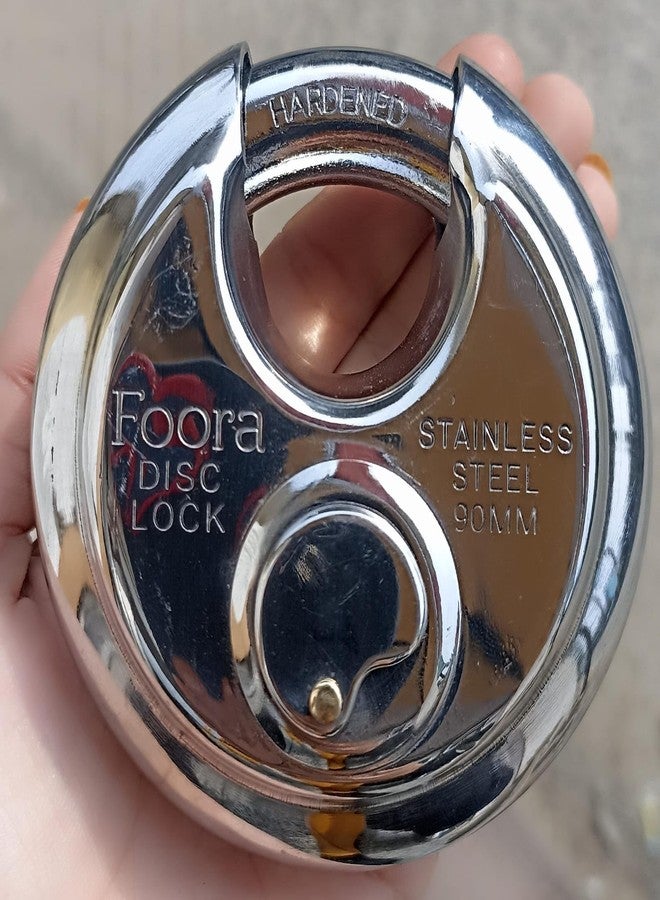 Foora Disc 90mm Door Polished Steel Lock with with 4 Hi-Tech Brass Separate Keys (Silver) Home Shutter Lock,Stainless Steel, Hardened Shackle, Glossy Rust Resistance.(Original Picture) - Image 1